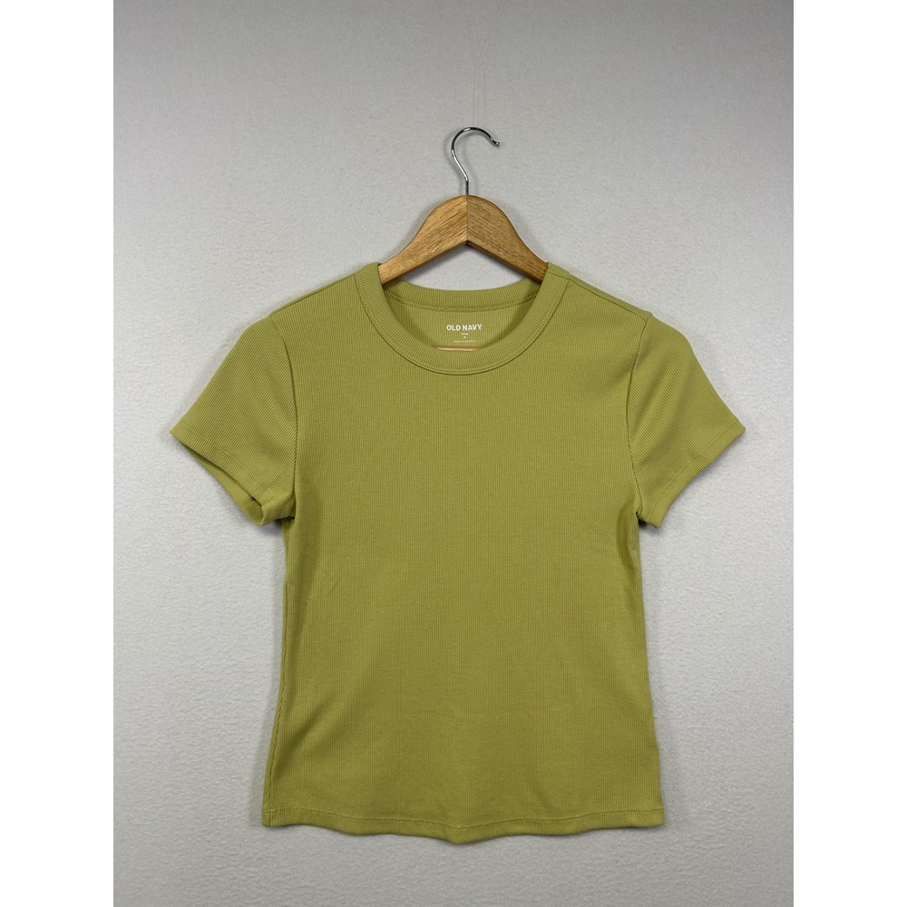Minimalist Old Navy Womens Med Green Ribbed Snug Fit Short Sleeve‎ Crew Neck Tee